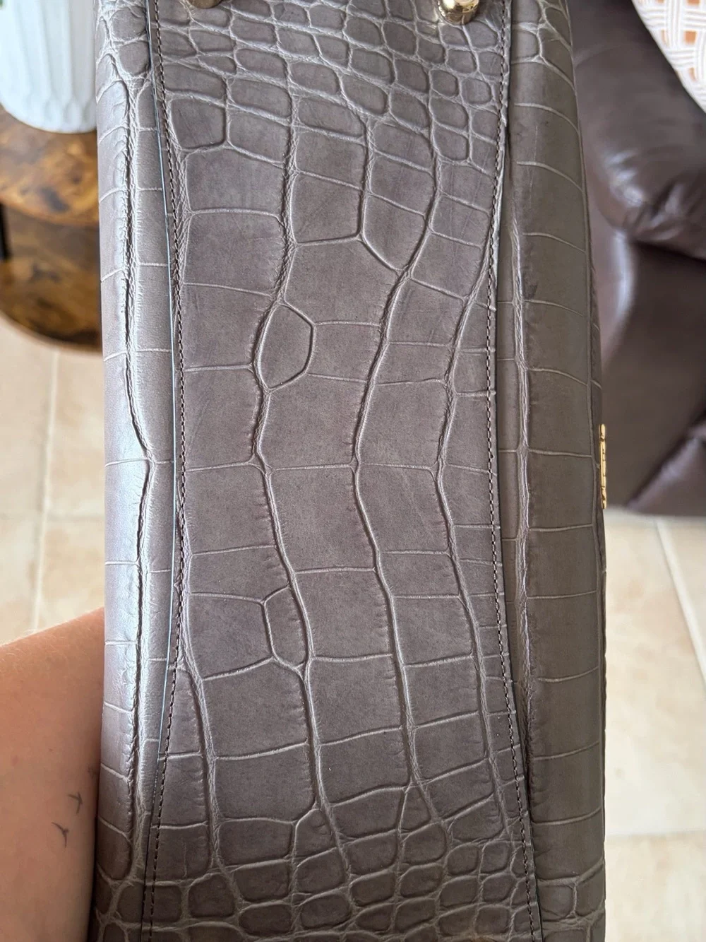 Gray Coach Gramercy Croc-Embossed Leather Tote with Gold Hardware